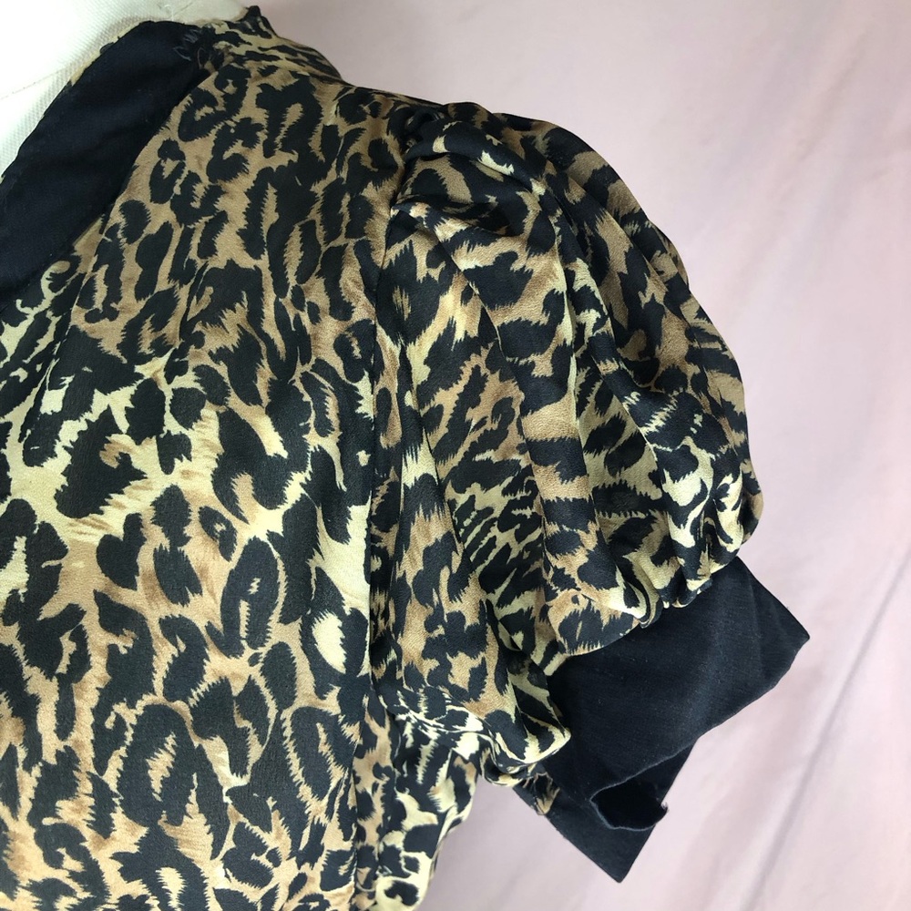 Leopard Print Short Sleeve Mini Dress or Shirt with Black Trim Sheer Size Small - Picture 6 of 8